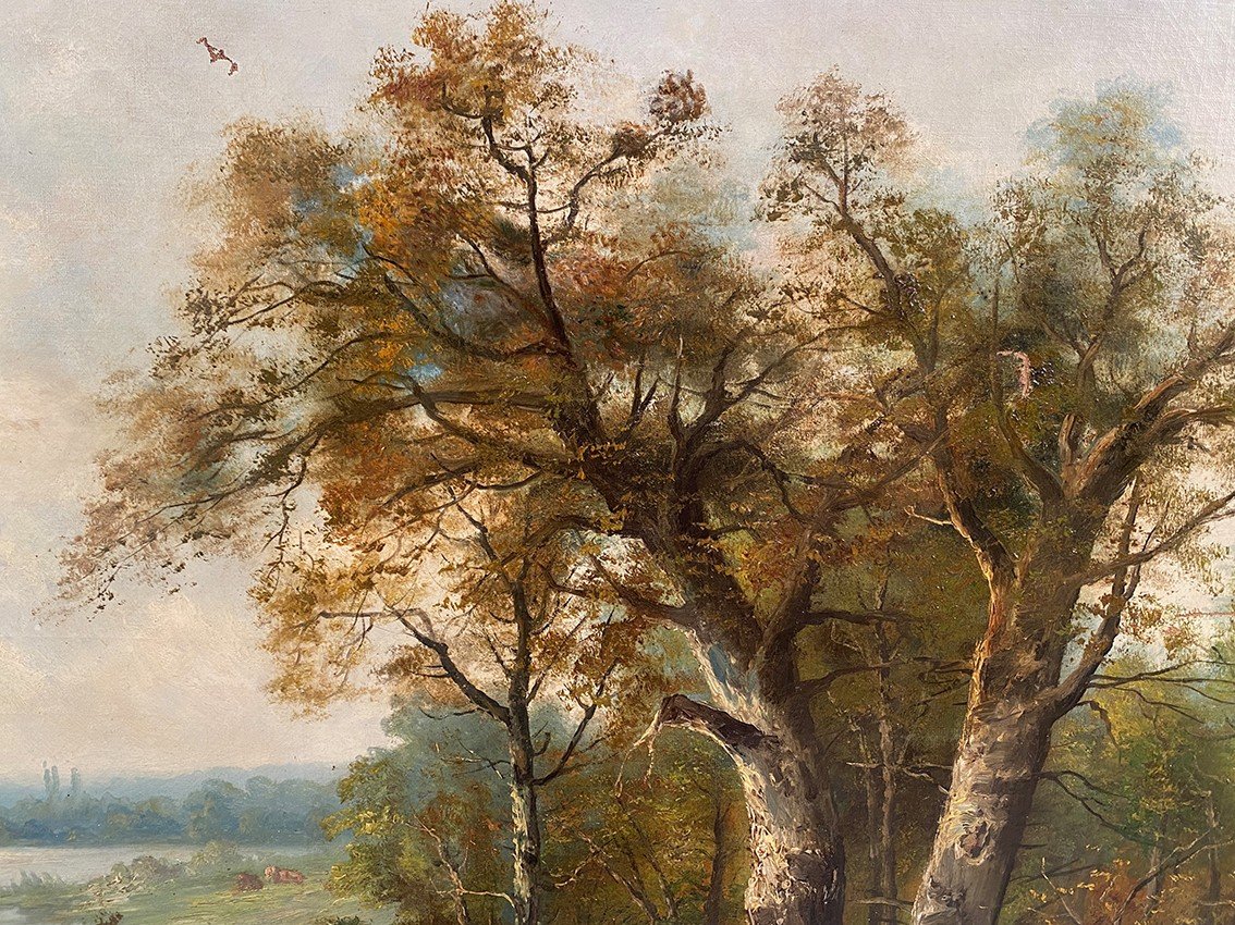 “paysage Aux Vaches”, Grande Huile Sur Toile XIXe Signée E.perrier-photo-1
