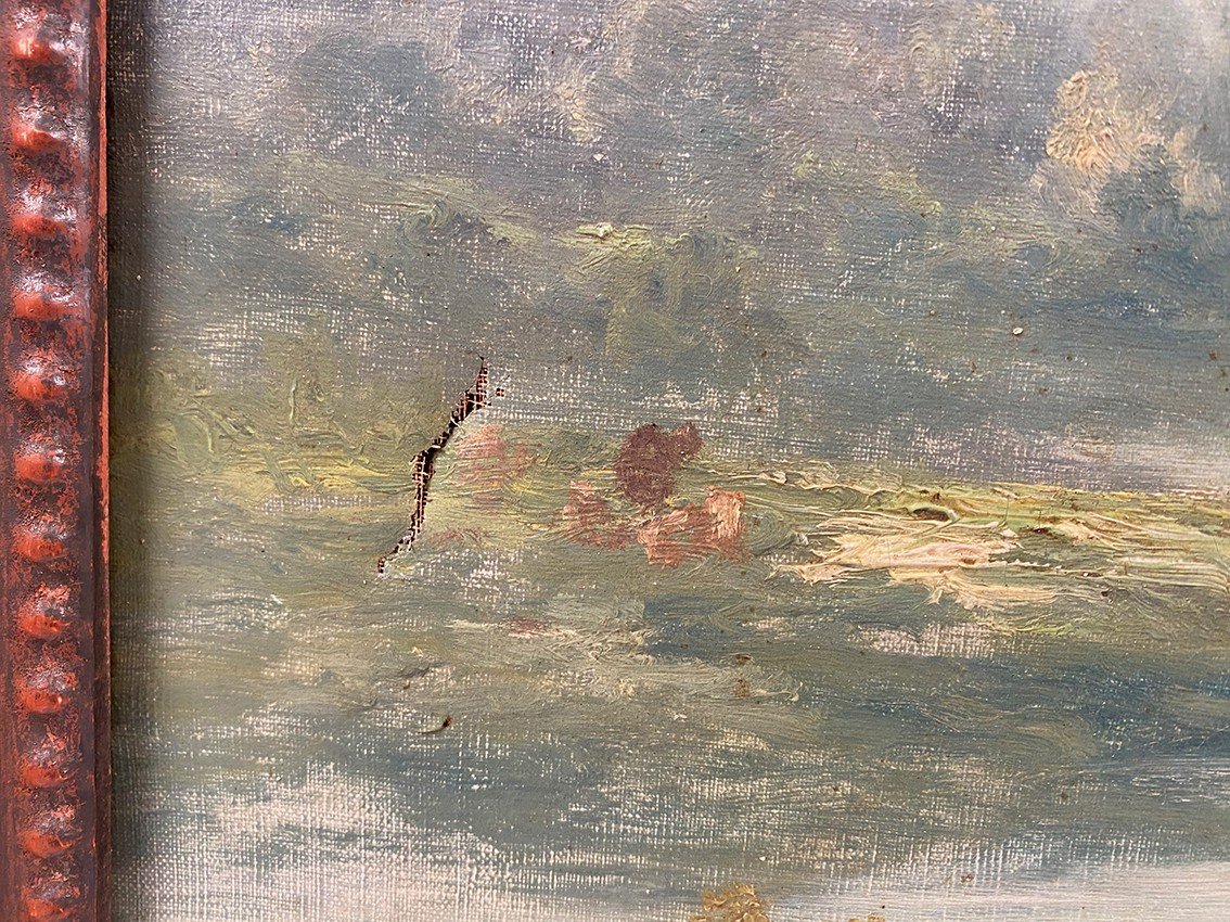 “paysage Aux Vaches”, Grande Huile Sur Toile XIXe Signée E.perrier-photo-7