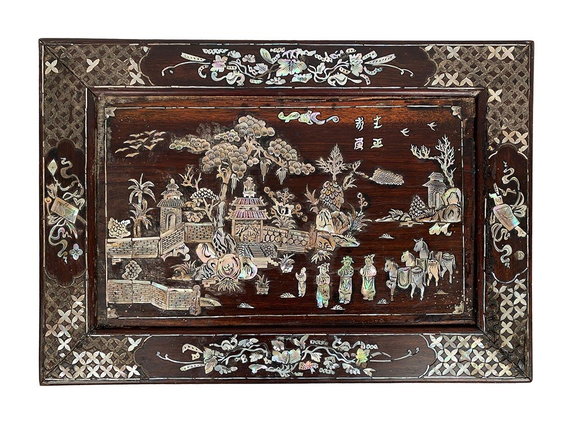 Coffee Table In Wood Inlaid With Mother-of-pearl, Decorated With A Lively Landscape. Vietnam Or South China-photo-3