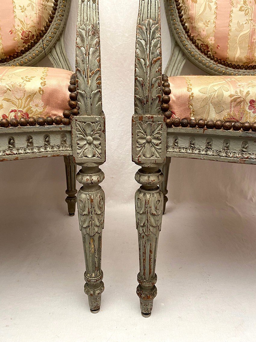 Paire De Larges Fauteuils De Style Louis XVI, Bois Laqué Bleu-gris. Fin XVIIIe, Début XIXe-photo-4