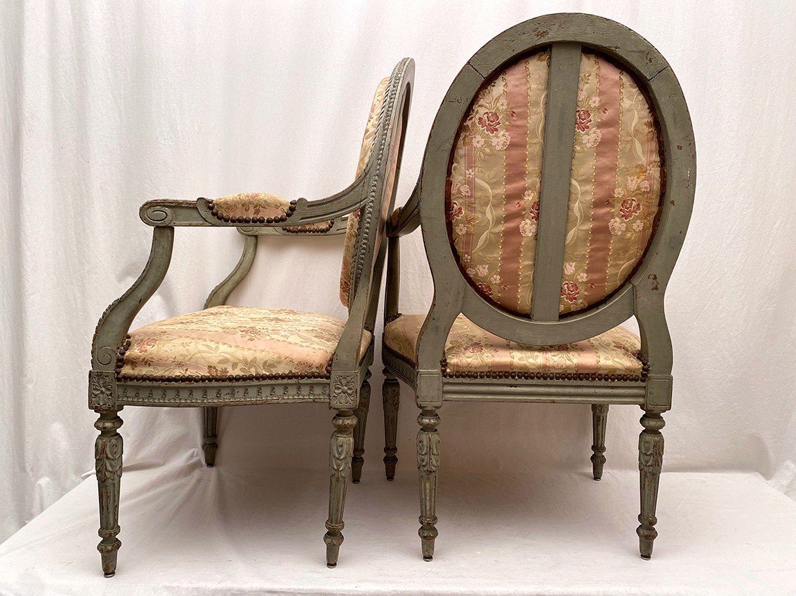 Paire De Larges Fauteuils De Style Louis XVI, Bois Laqué Bleu-gris. Fin XVIIIe, Début XIXe-photo-6