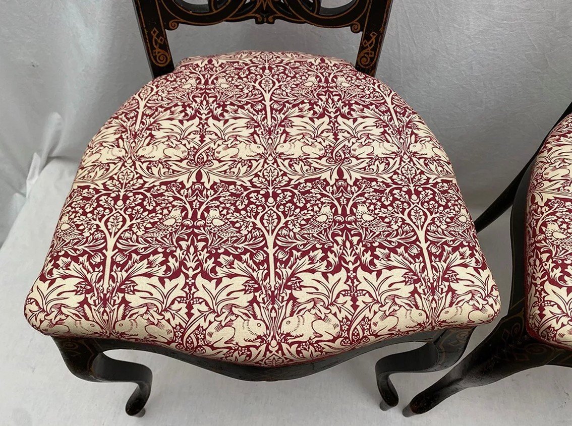 Pair Of Napoleon III Chairs, Blackened Wood And Gold Decoration-photo-4