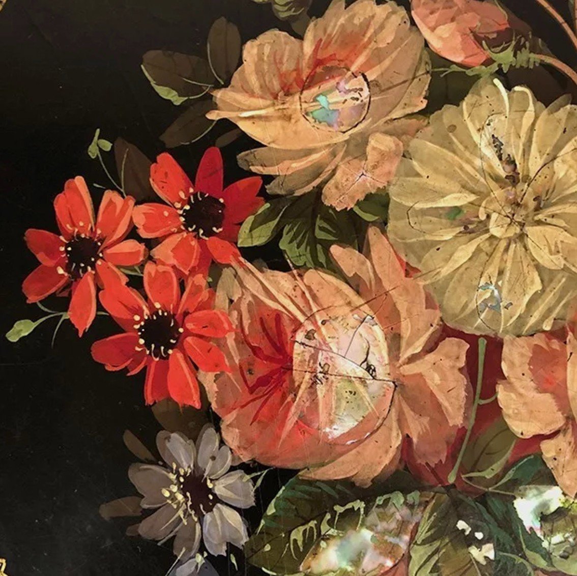 Guéridon Napoléon III, Plateau à Décor Peint De Fleurs Et Burgot-photo-1