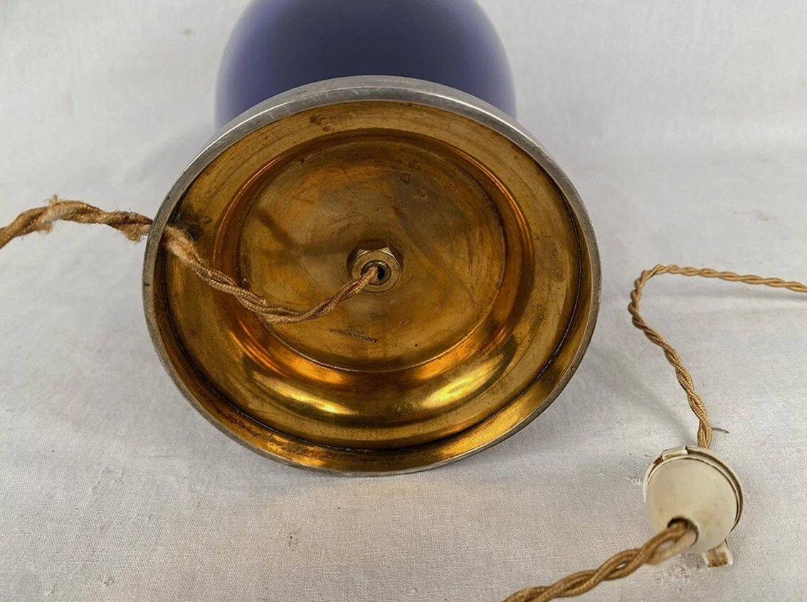 Risler Et Carré. Grande Lampe En Verre Bleu Et Monture Argent, Poinçon Minerve-photo-4