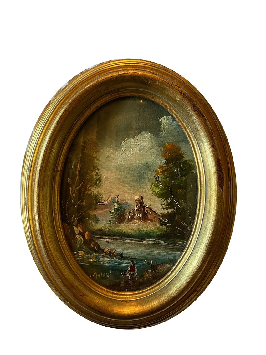 Pair Of Miniatures. Oils On Oval Canvas Panels Signed Oggioni, 20th Century-photo-2