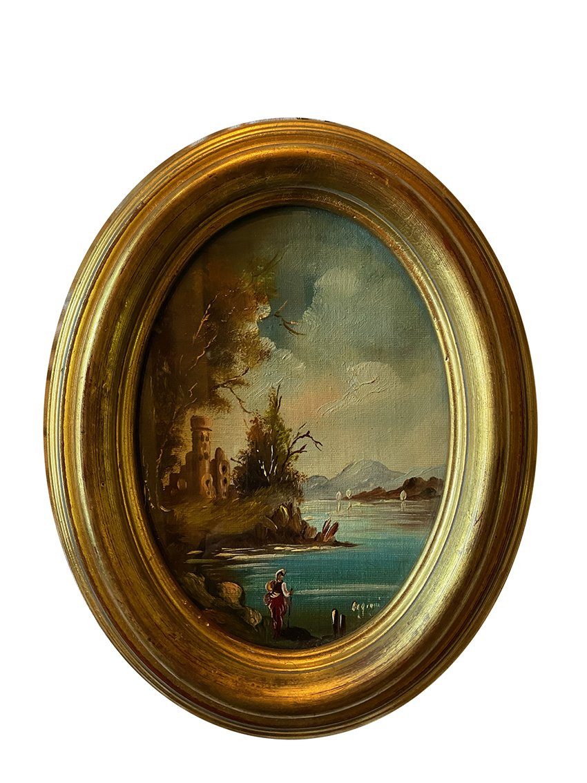 Pair Of Miniatures. Oils On Oval Canvas Panels Signed Oggioni, 20th Century-photo-3