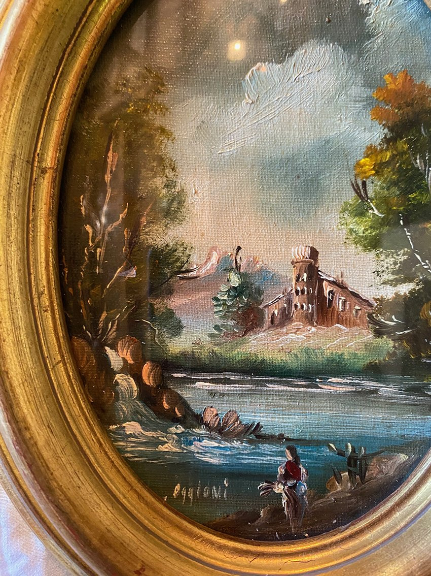 Pair Of Miniatures. Oils On Oval Canvas Panels Signed Oggioni, 20th Century-photo-4