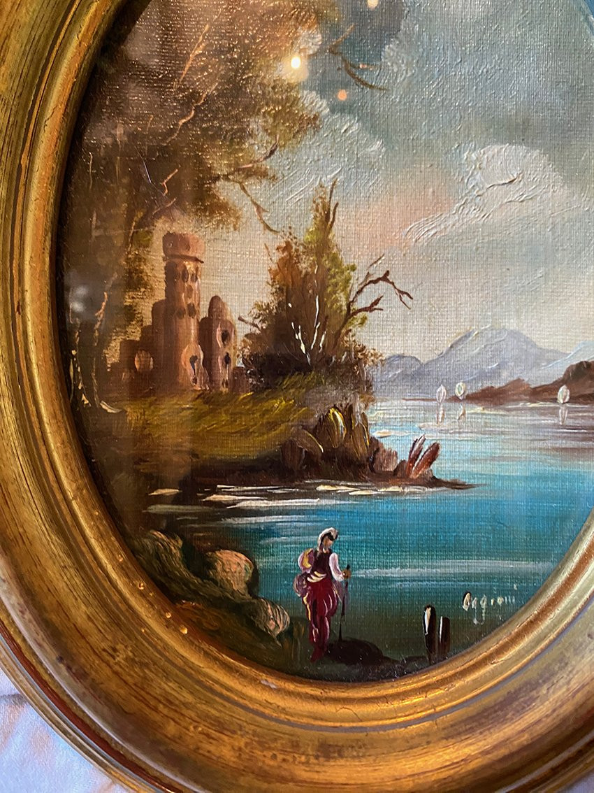 Pair Of Miniatures. Oils On Oval Canvas Panels Signed Oggioni, 20th Century-photo-1