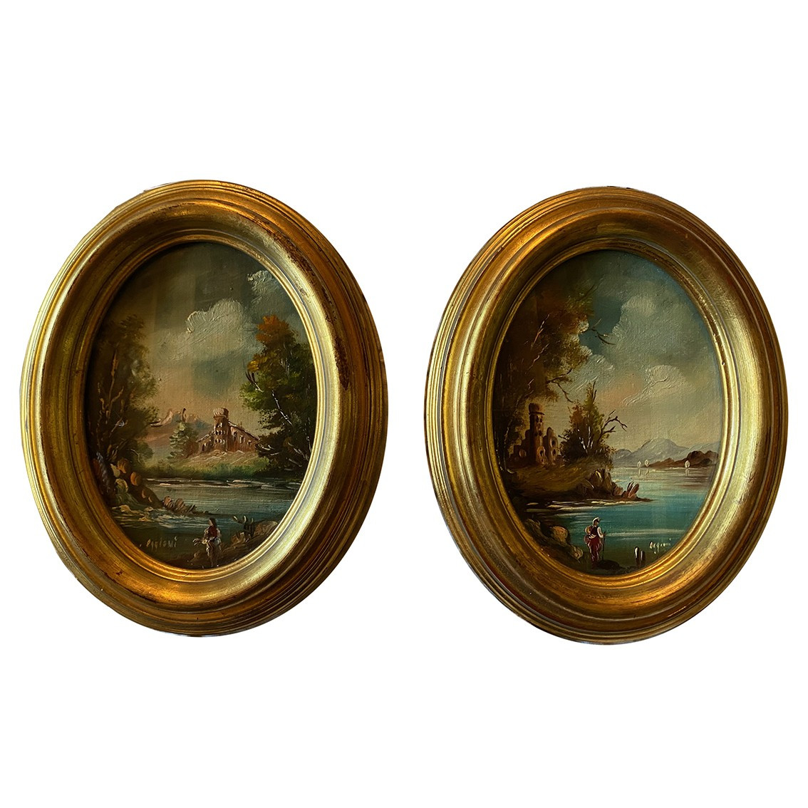 Pair Of Miniatures. Oils On Oval Canvas Panels Signed Oggioni, 20th Century