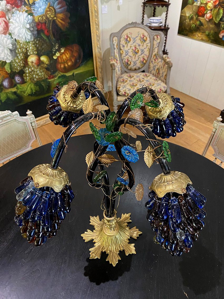 Lampe à Poser à Quatre Bras De Lumière, Globes En Forme De Grappes De Raisin. Murano XXe-photo-4