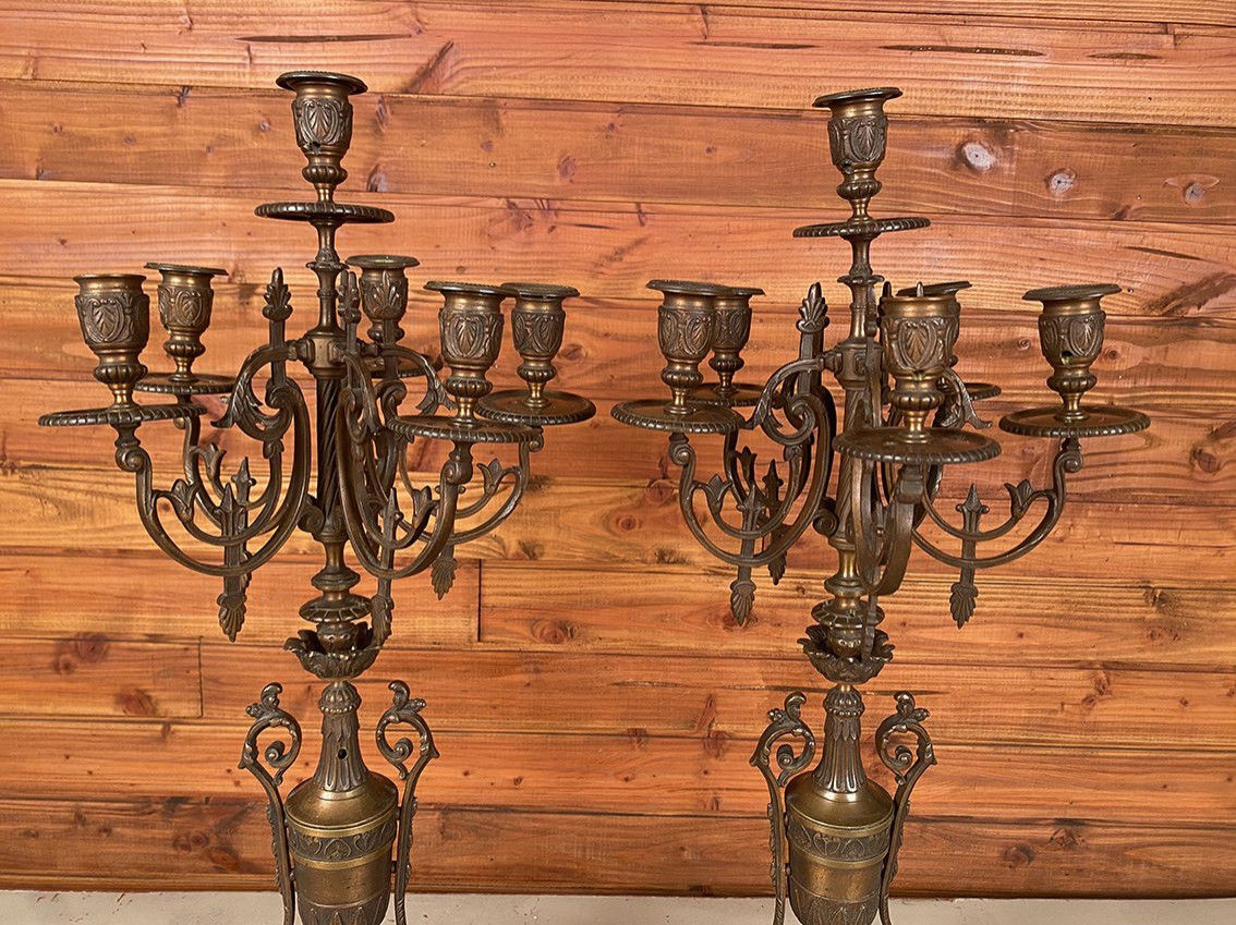 Grande paire de candélabres en bronze et marbre, XIXe-photo-2