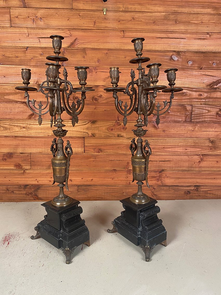 Grande paire de candélabres en bronze et marbre, XIXe-photo-6