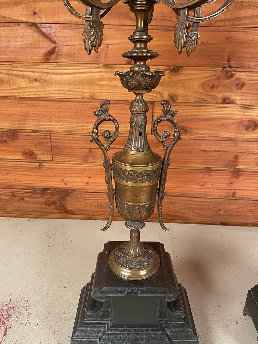 Grande paire de candélabres en bronze et marbre, XIXe-photo-8