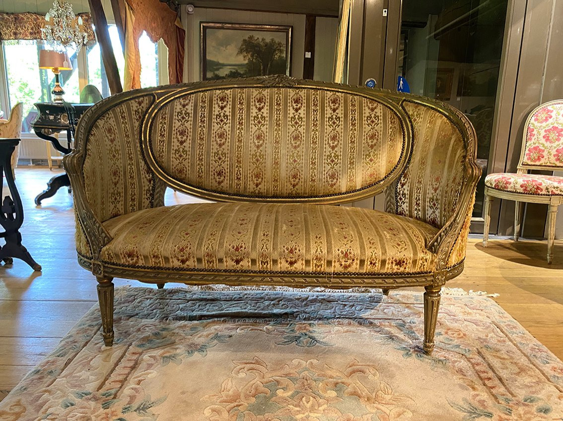 Louis XVI Style Basket Sofa, Grey/green Lacquered Wood Circa 1900-photo-2