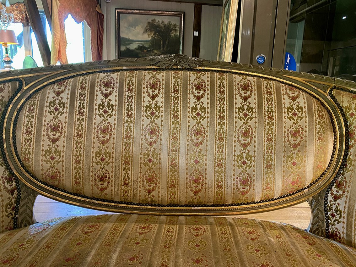 Louis XVI Style Basket Sofa, Grey/green Lacquered Wood Circa 1900-photo-4
