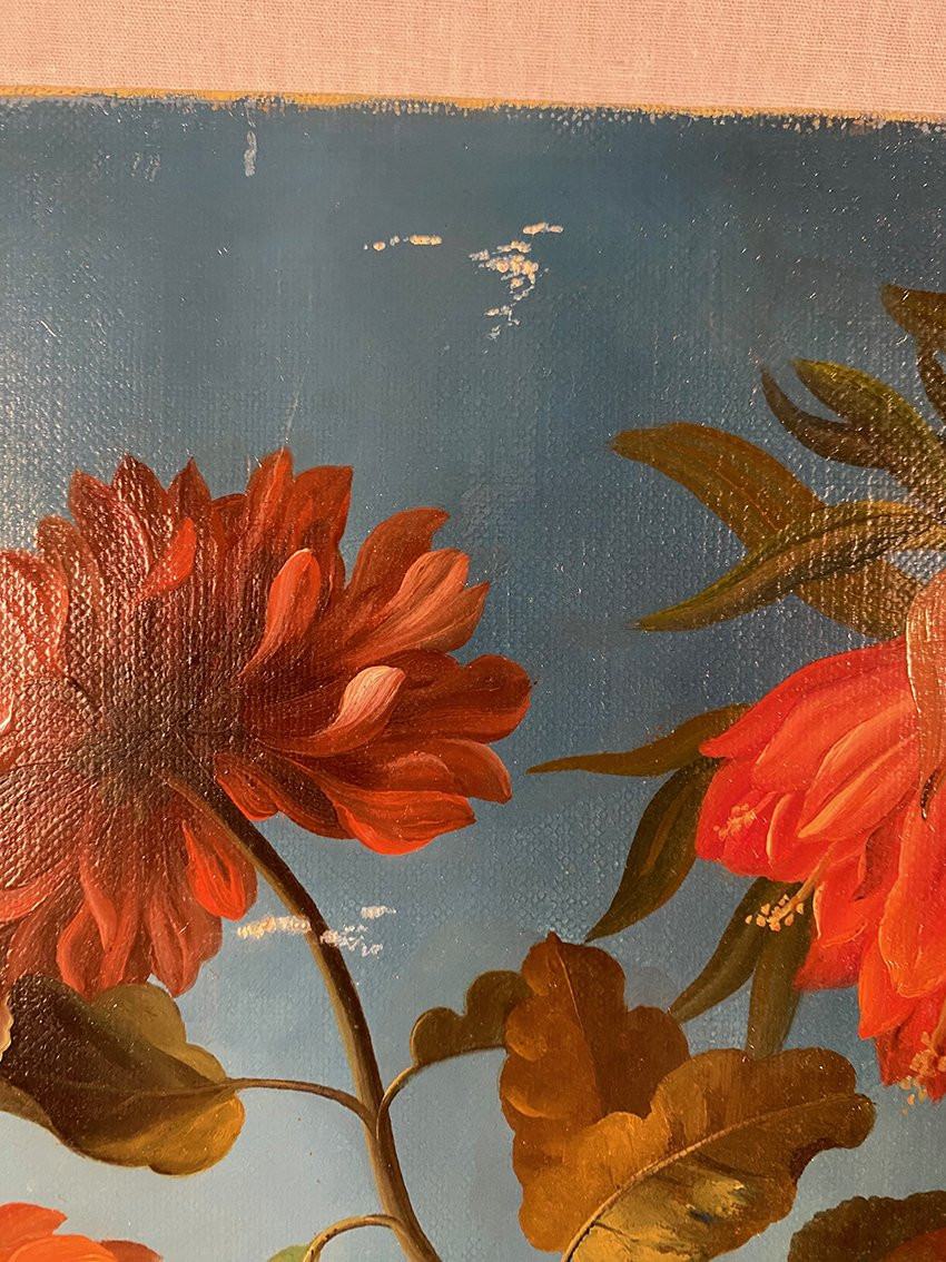 Nature morte aux fleurs et au cacatoès, huile sur toile XXe-photo-6