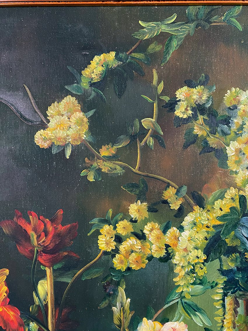 « Bouquets de fleurs sur entablement », huile sur toile encadrée. XXe-photo-2
