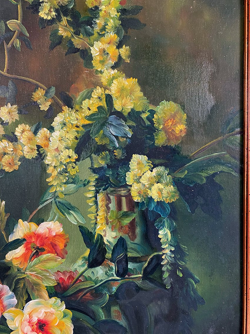 « Bouquets de fleurs sur entablement », huile sur toile encadrée. XXe-photo-3
