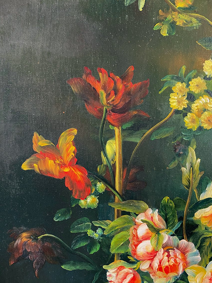 « Bouquets de fleurs sur entablement », huile sur toile encadrée. XXe-photo-4