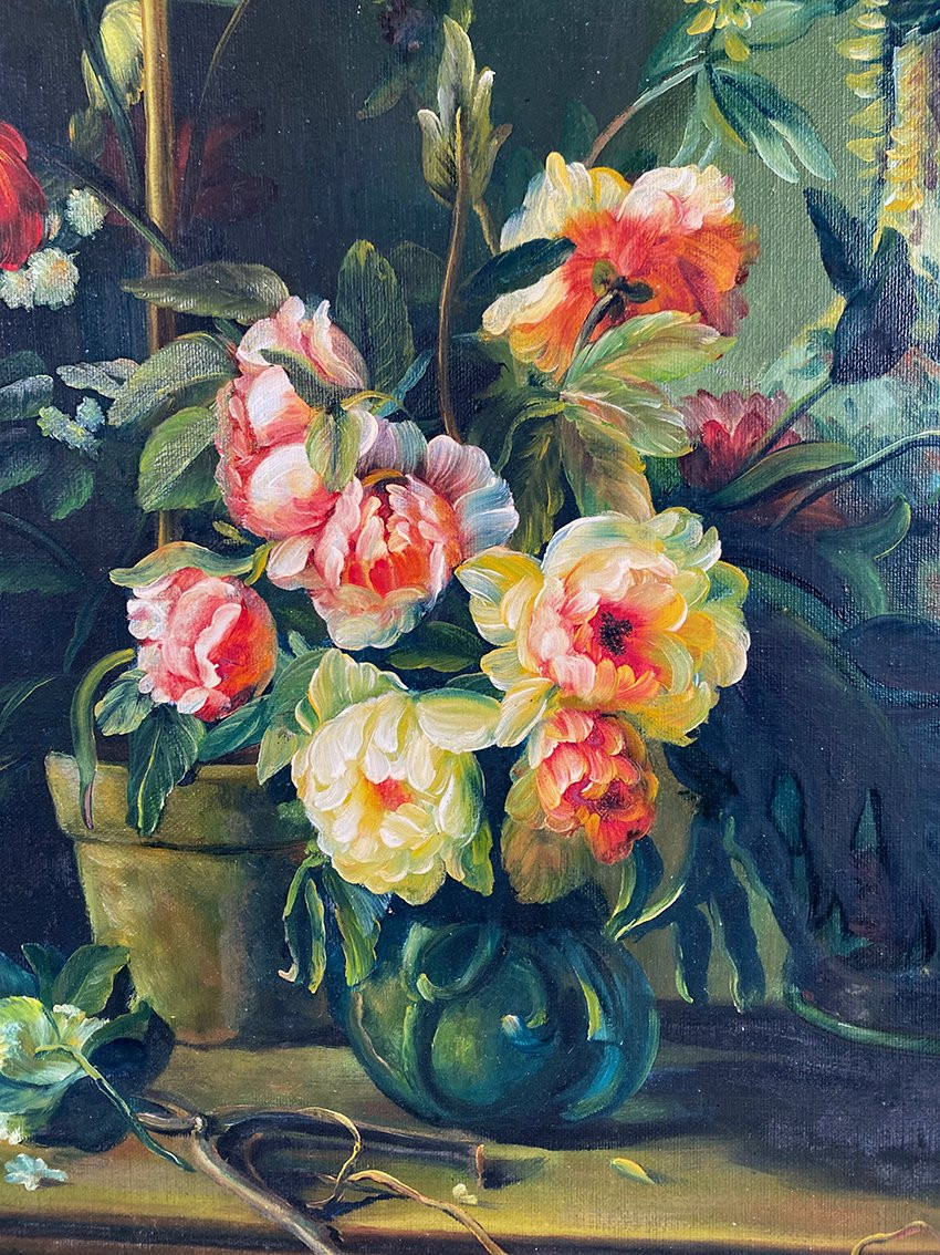 « Bouquets de fleurs sur entablement », huile sur toile encadrée. XXe-photo-1
