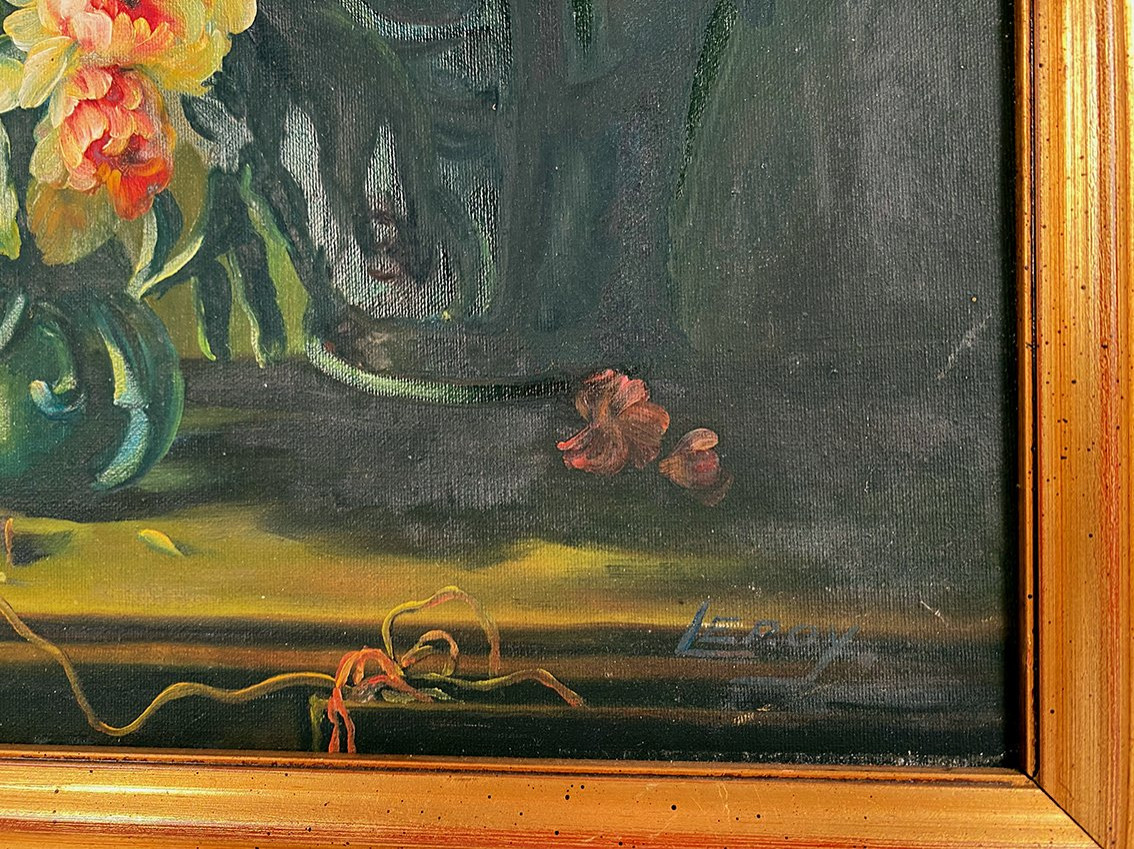 « Bouquets de fleurs sur entablement », huile sur toile encadrée. XXe-photo-2