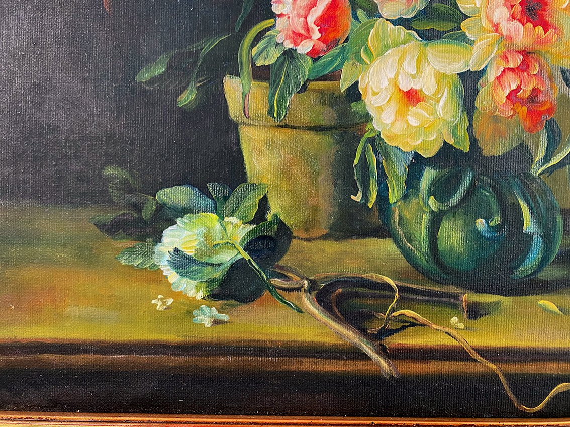 « Bouquets de fleurs sur entablement », huile sur toile encadrée. XXe-photo-3
