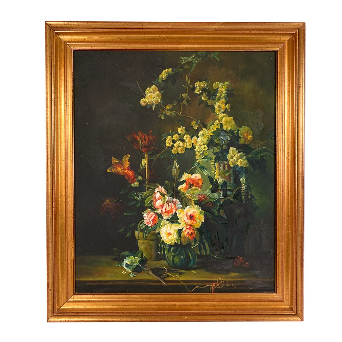 « Bouquets de fleurs sur entablement », huile sur toile encadrée. XXe
