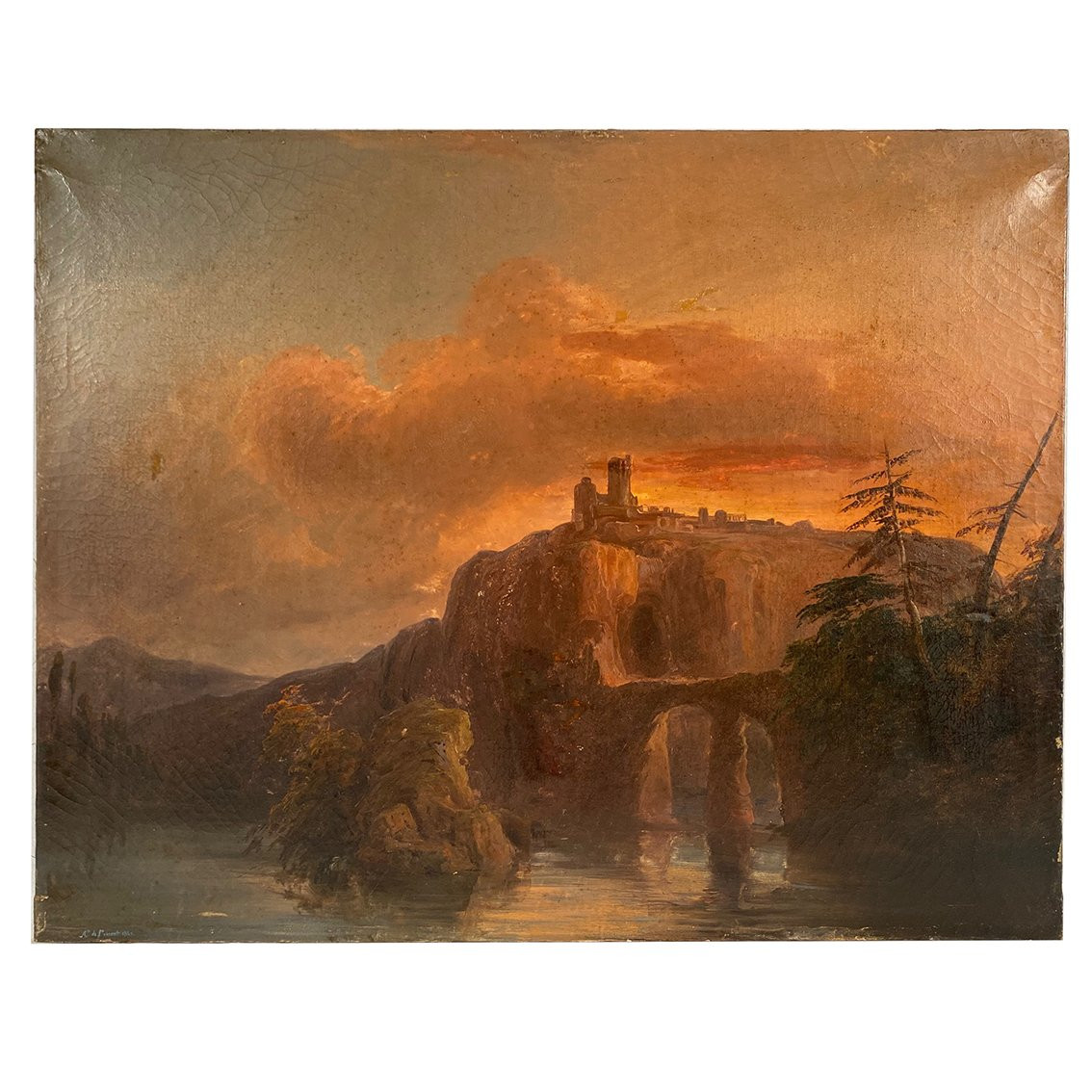 « Paysage au crépuscule », huile sur toile signée A. de St Vincent et datée 1840-photo-2