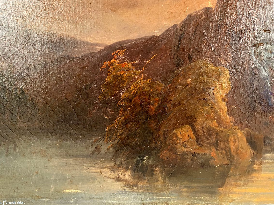 « Paysage au crépuscule », huile sur toile signée A. de St Vincent et datée 1840-photo-3