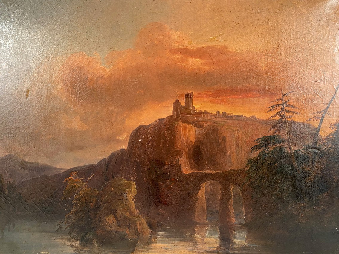 « Paysage au crépuscule », huile sur toile signée A. de St Vincent et datée 1840