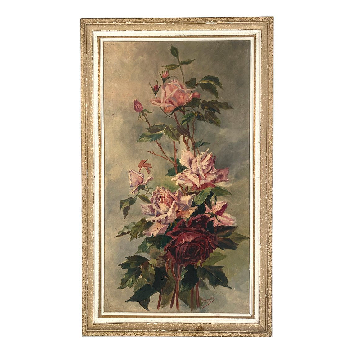 Nature morte aux roses. Huile sur toile signée M. Mazzela, vers 1900-photo-2