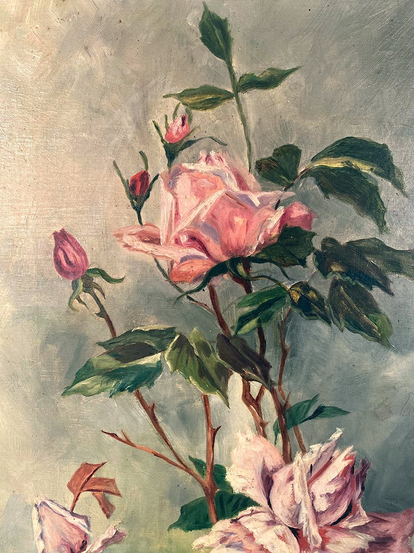 Nature morte aux roses. Huile sur toile signée M. Mazzela, vers 1900-photo-3