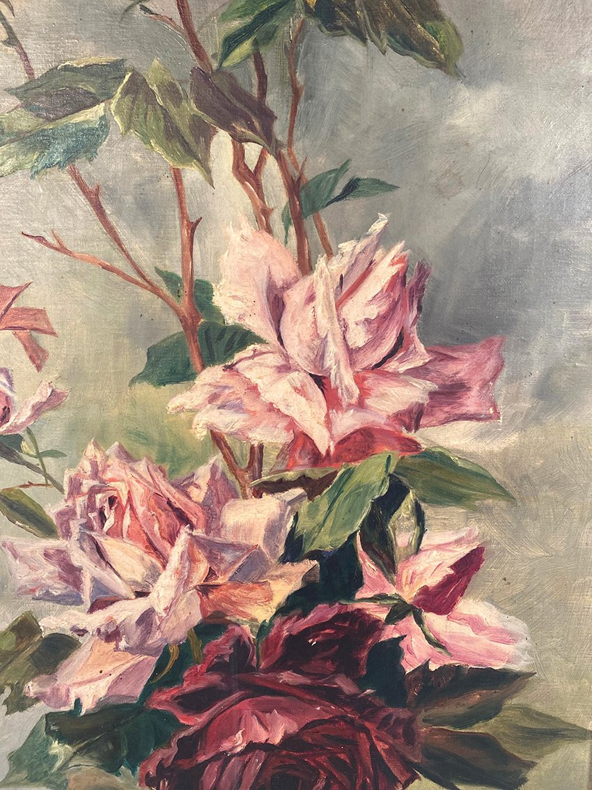 Nature morte aux roses. Huile sur toile signée M. Mazzela, vers 1900-photo-4