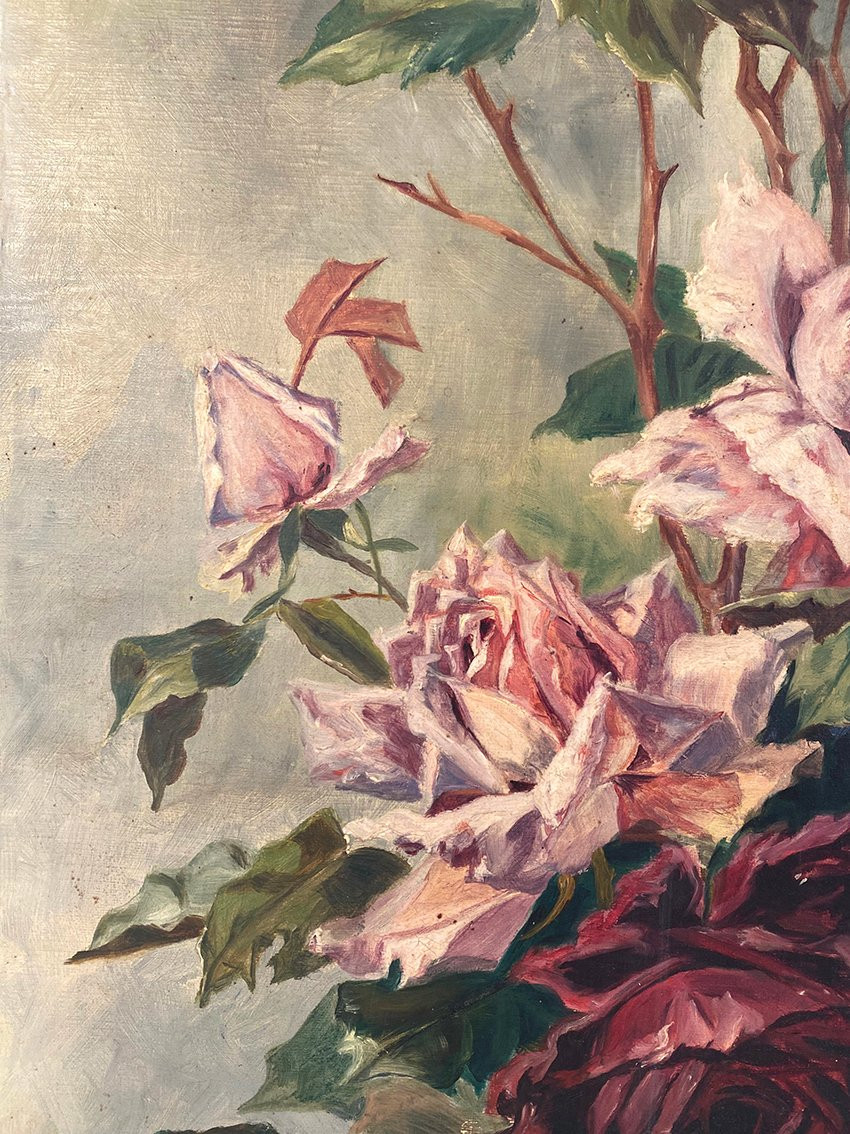 Nature morte aux roses. Huile sur toile signée M. Mazzela, vers 1900-photo-1