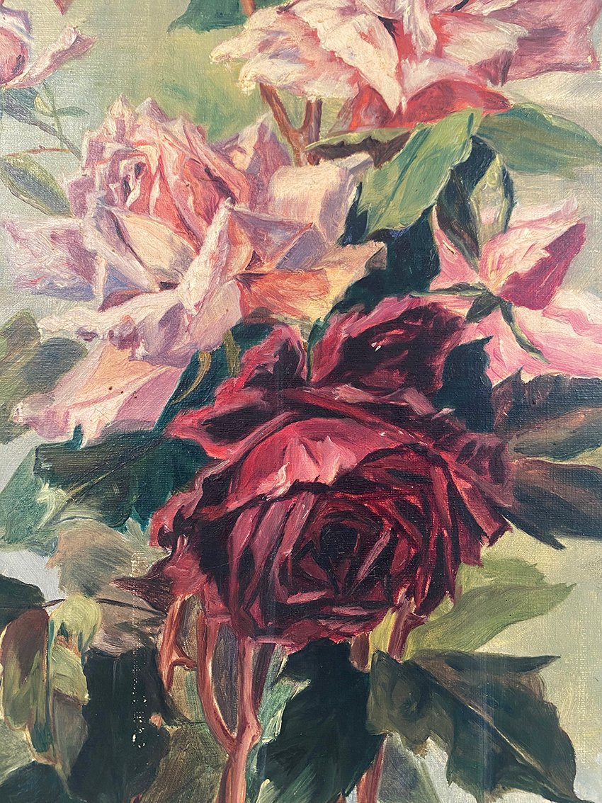 Nature morte aux roses. Huile sur toile signée M. Mazzela, vers 1900-photo-2