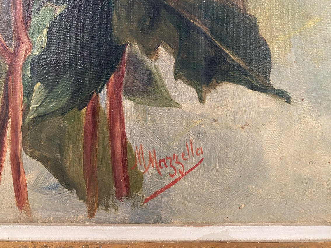 Nature morte aux roses. Huile sur toile signée M. Mazzela, vers 1900-photo-3