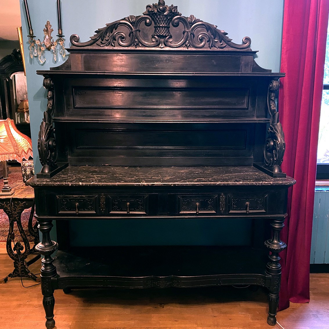 Large Napoleon III Serving Cabinet, Blackened Wood And Ebony Veneer