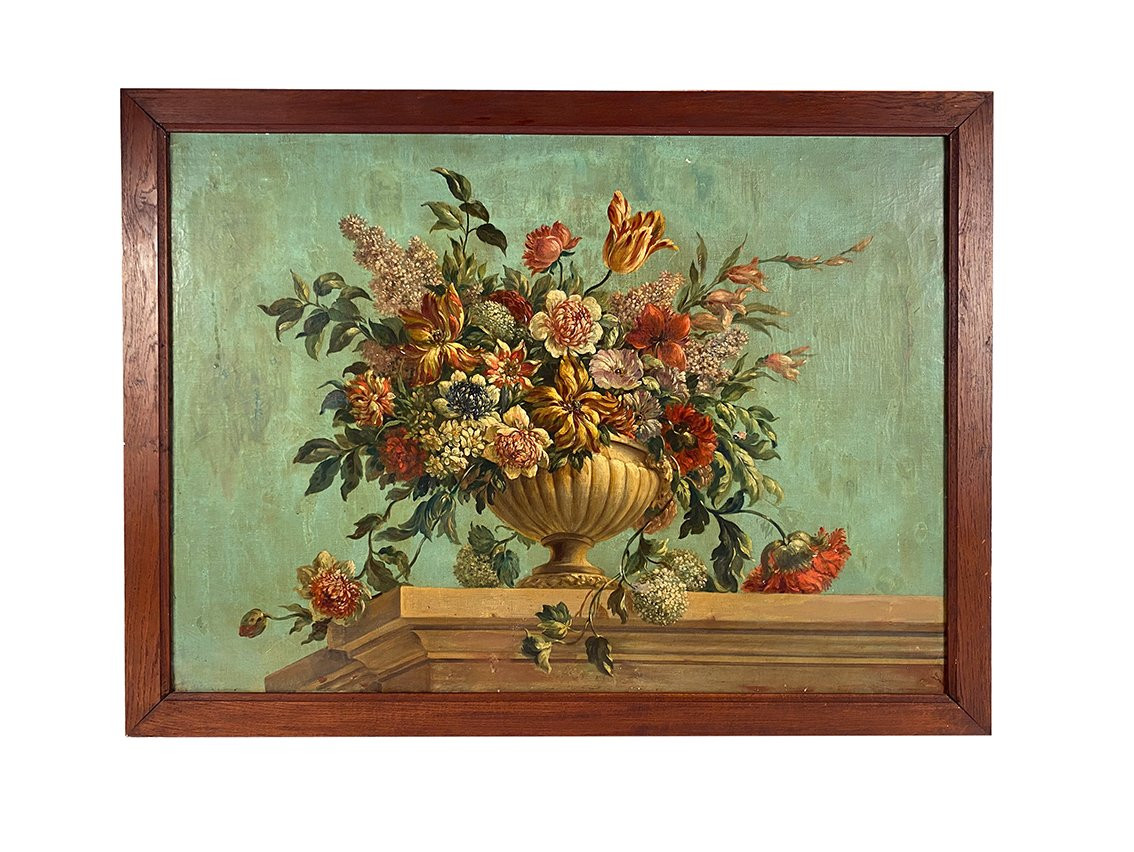 Grande huile sur toile marouflée sur panneau. Bouquet de fleurs sur un entablement-photo-2