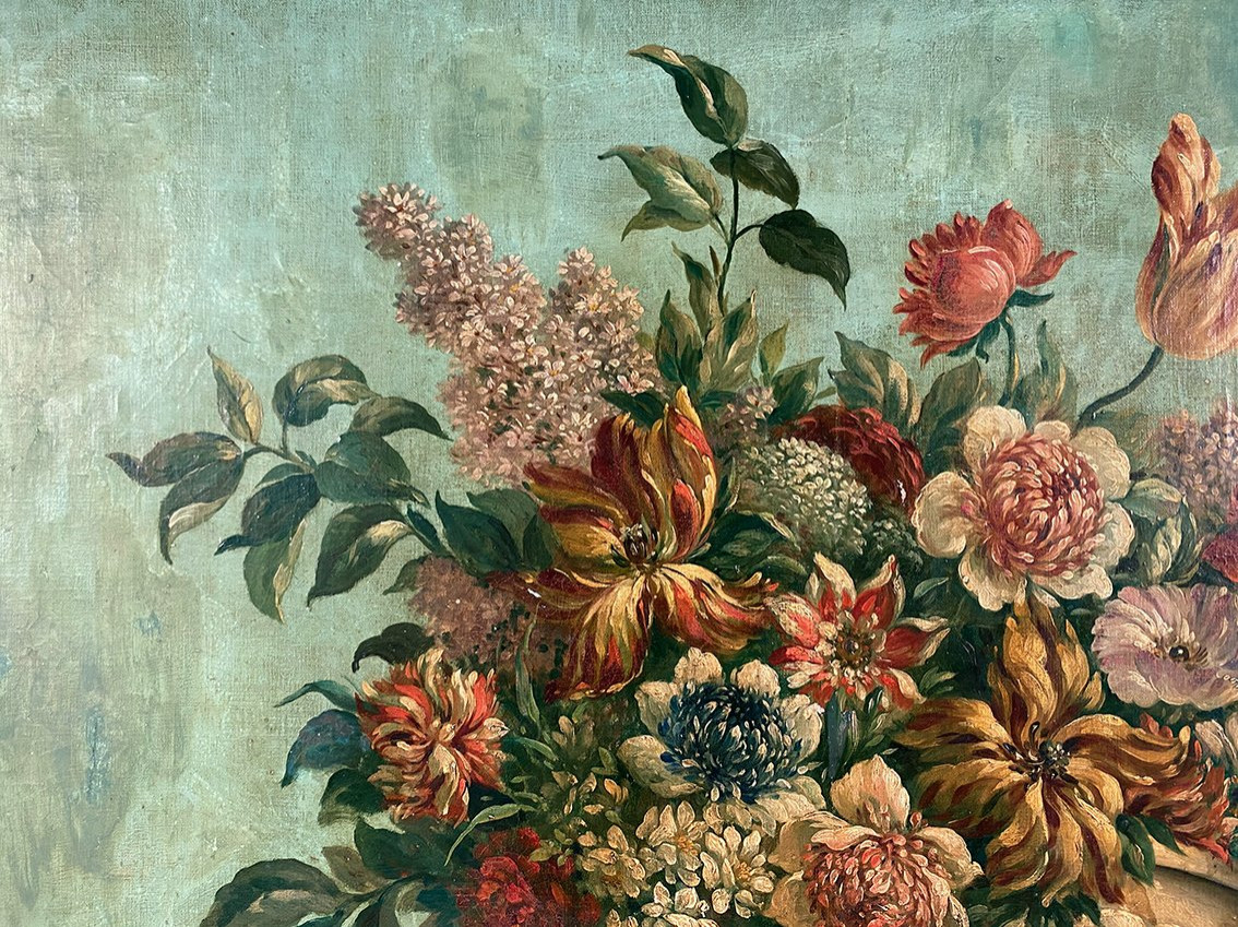 Grande huile sur toile marouflée sur panneau. Bouquet de fleurs sur un entablement-photo-3