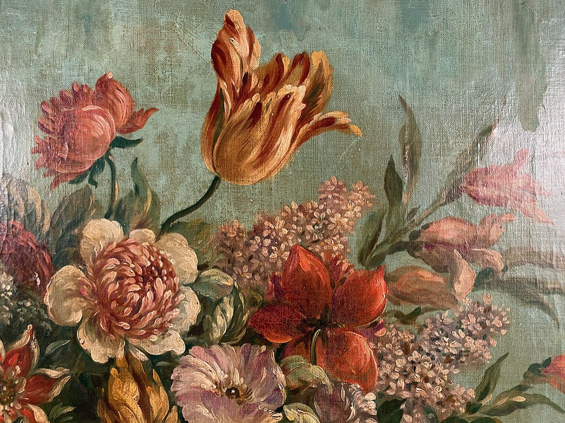 Grande huile sur toile marouflée sur panneau. Bouquet de fleurs sur un entablement-photo-4