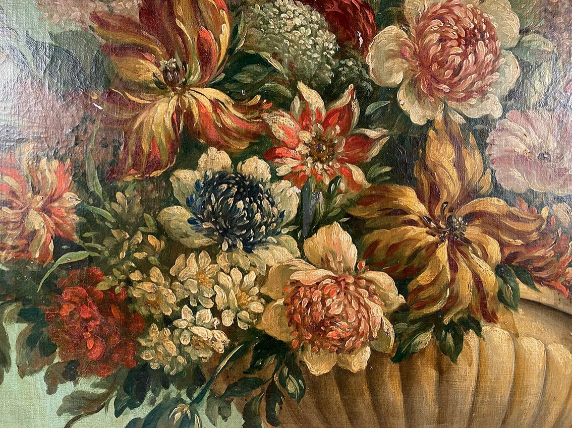 Grande huile sur toile marouflée sur panneau. Bouquet de fleurs sur un entablement-photo-1