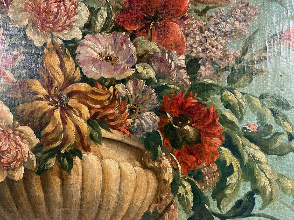 Grande huile sur toile marouflée sur panneau. Bouquet de fleurs sur un entablement-photo-2