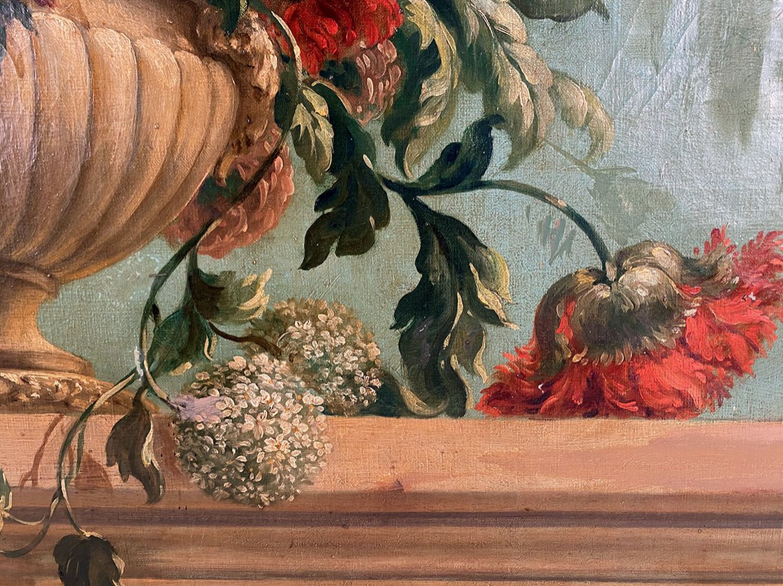 Grande huile sur toile marouflée sur panneau. Bouquet de fleurs sur un entablement-photo-3