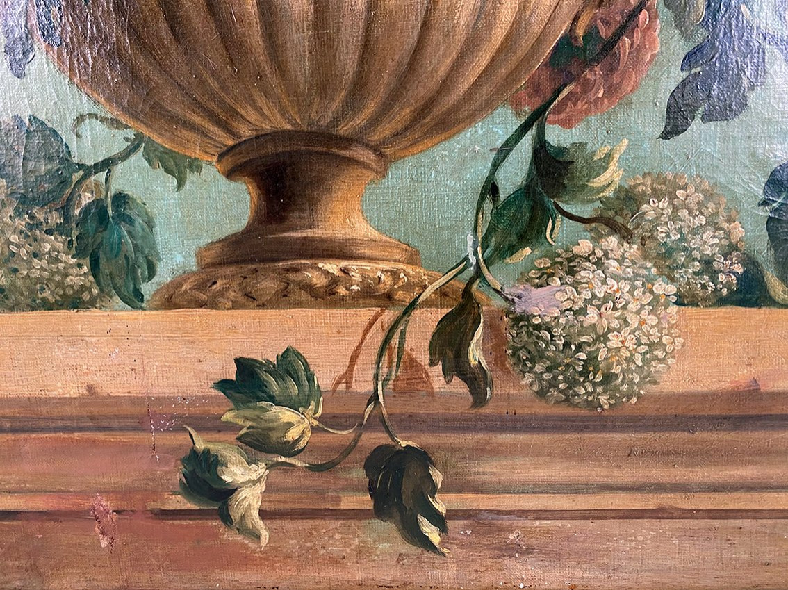 Grande huile sur toile marouflée sur panneau. Bouquet de fleurs sur un entablement-photo-4