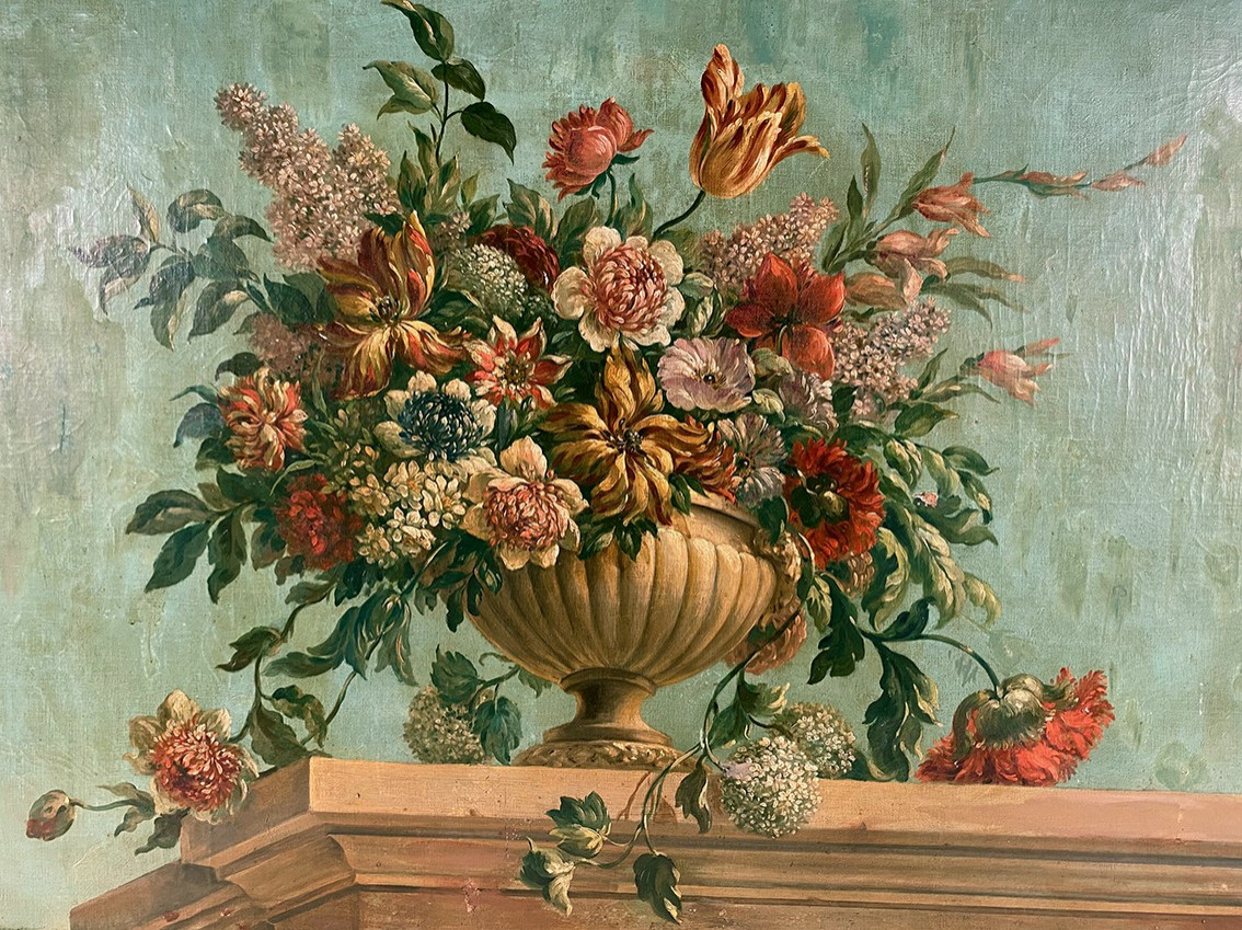 Grande huile sur toile marouflée sur panneau. Bouquet de fleurs sur un entablement