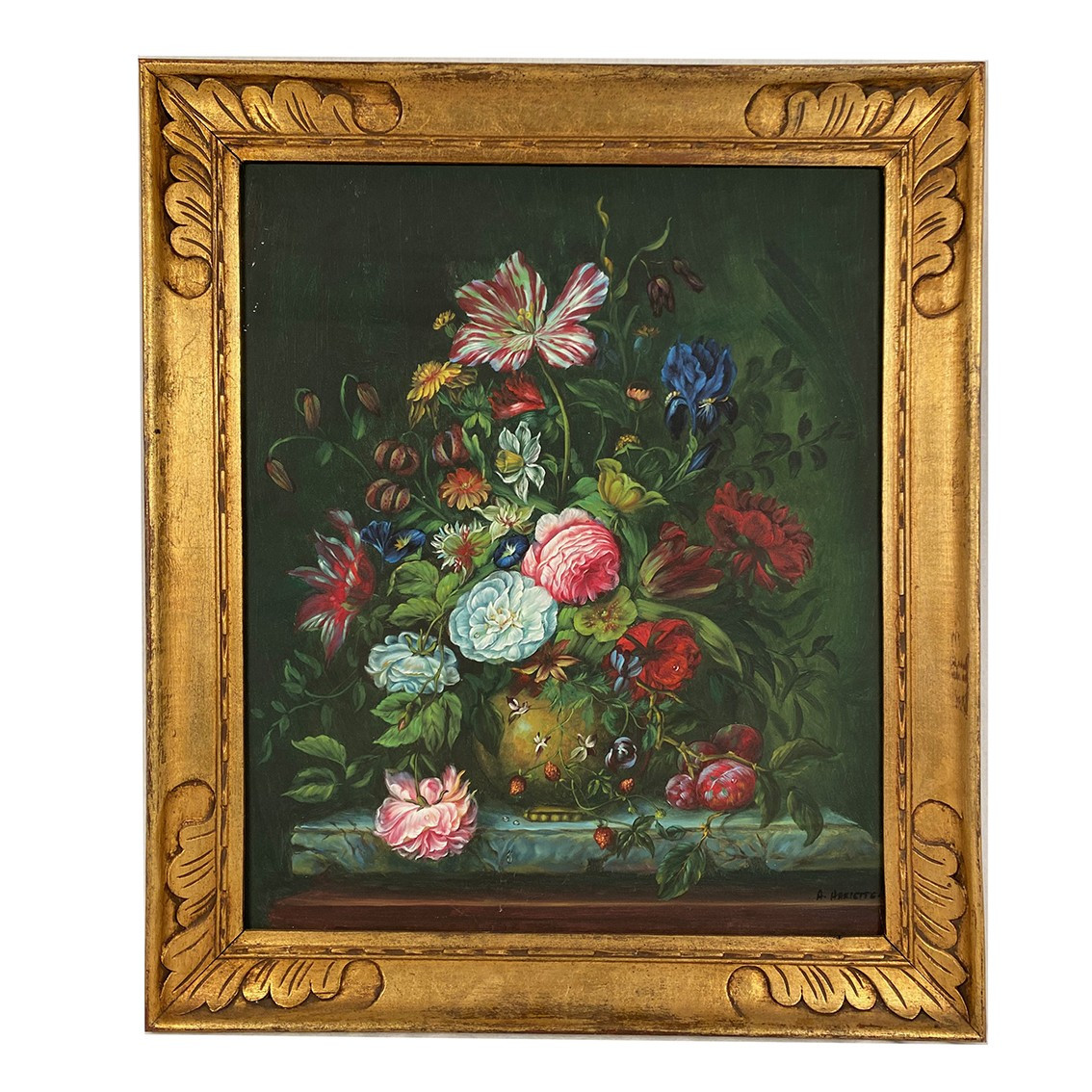 Bouquet Of Flowers On An Entablature. Oil On Canvas 20th Century