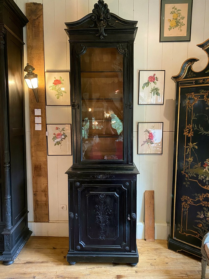 Haute vitrine étroite Napoléon III en bois noirci-photo-2