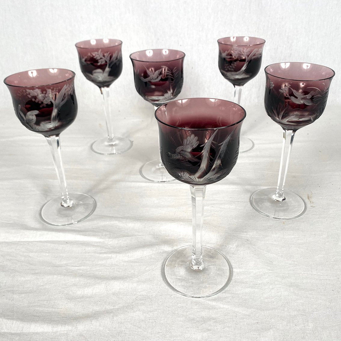 Moser In Karlsbad (czechoslovakia). Six Engraved Purple Crystal Stemmed Glasses-photo-2