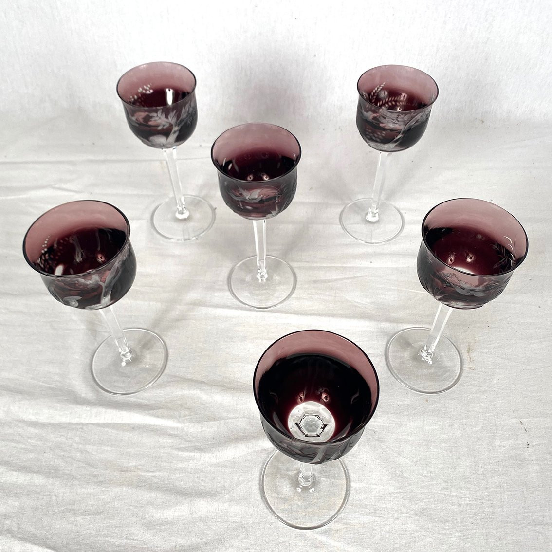 Moser In Karlsbad (czechoslovakia). Six Engraved Purple Crystal Stemmed Glasses-photo-3