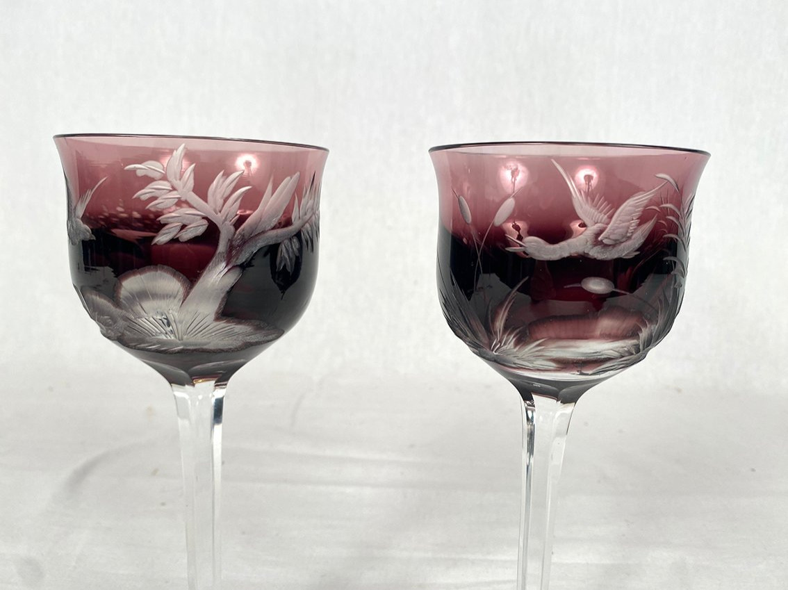 Moser In Karlsbad (czechoslovakia). Six Engraved Purple Crystal Stemmed Glasses-photo-4
